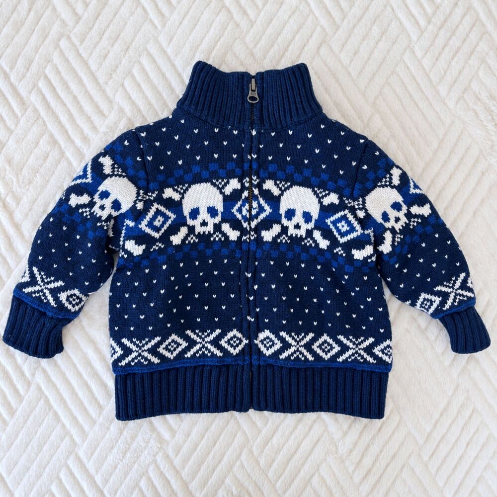 Baby Gap 12-18M Skull Fair Isle Fleece Lined Heavy Knit Zip Sweater Jacket Navy